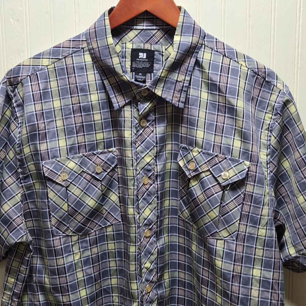 PJMARK Shirt Mens‎ XL Blue Plaid Short Sleeve Button Front Pockets Casual